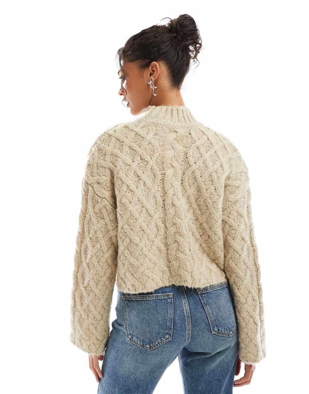 Bershka high neck chunky sweater in sand Product Image