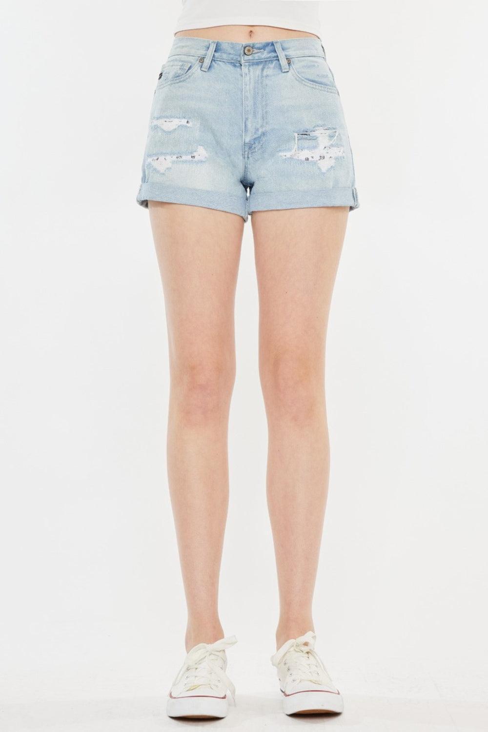 Kancan Light Wash High Rise Repaired Mom Denim Shorts Product Image