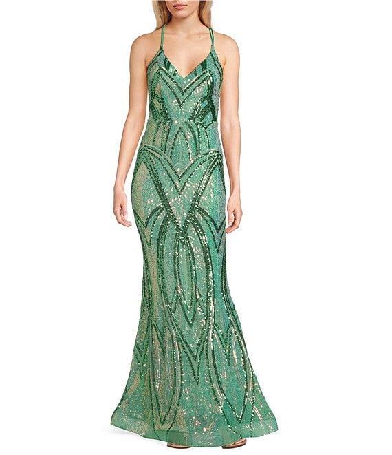 Midnight Doll Patterned Sequin Mesh Long Dress Product Image