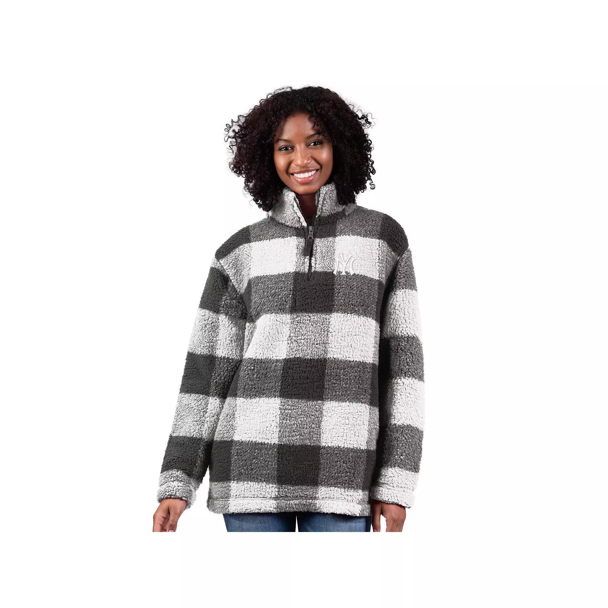 Women's G-III 4Her by Carl Banks  Gray New York Yankees 24/7 Plaid Quarter-Zip Sherpa Jacket, Size: Large, Grey Product Image
