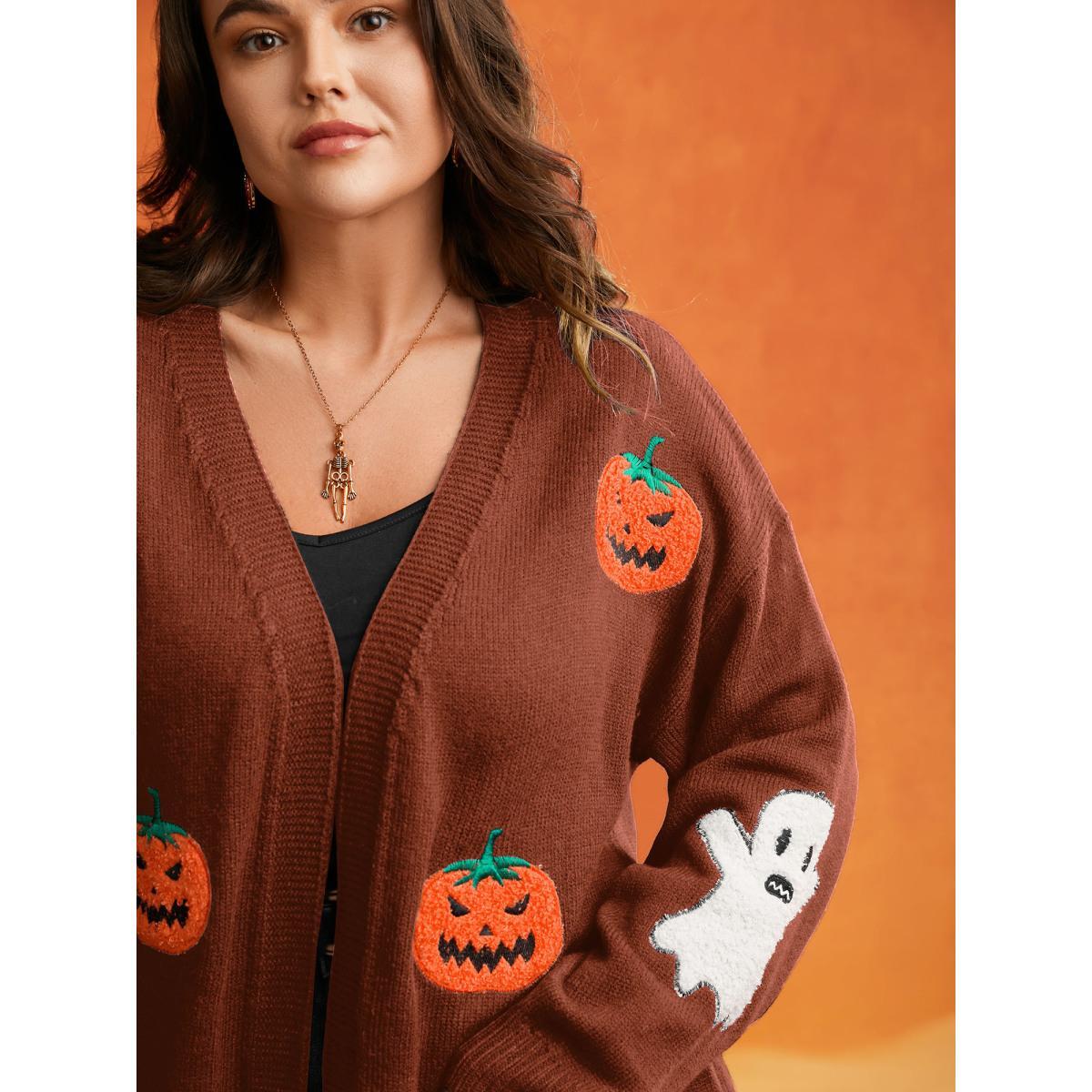 Plus Size Pumpkin Ghost Embroidery Open Cardigan ArmyGreen Women Casual Loose Long Sleeve Everyday Cardigans BloomChic 14-16/1X Product Image