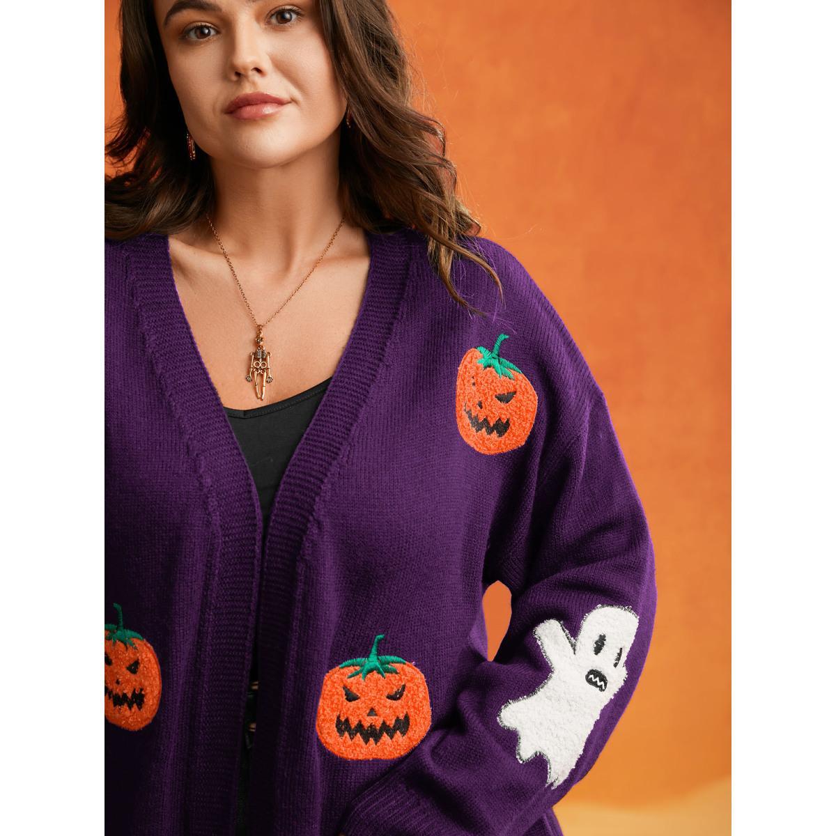 Plus Size Pumpkin Ghost Embroidery Open Cardigan Deeppurple Women Casual Loose Long Sleeve Everyday Cardigans BloomChic 28/5X Product Image
