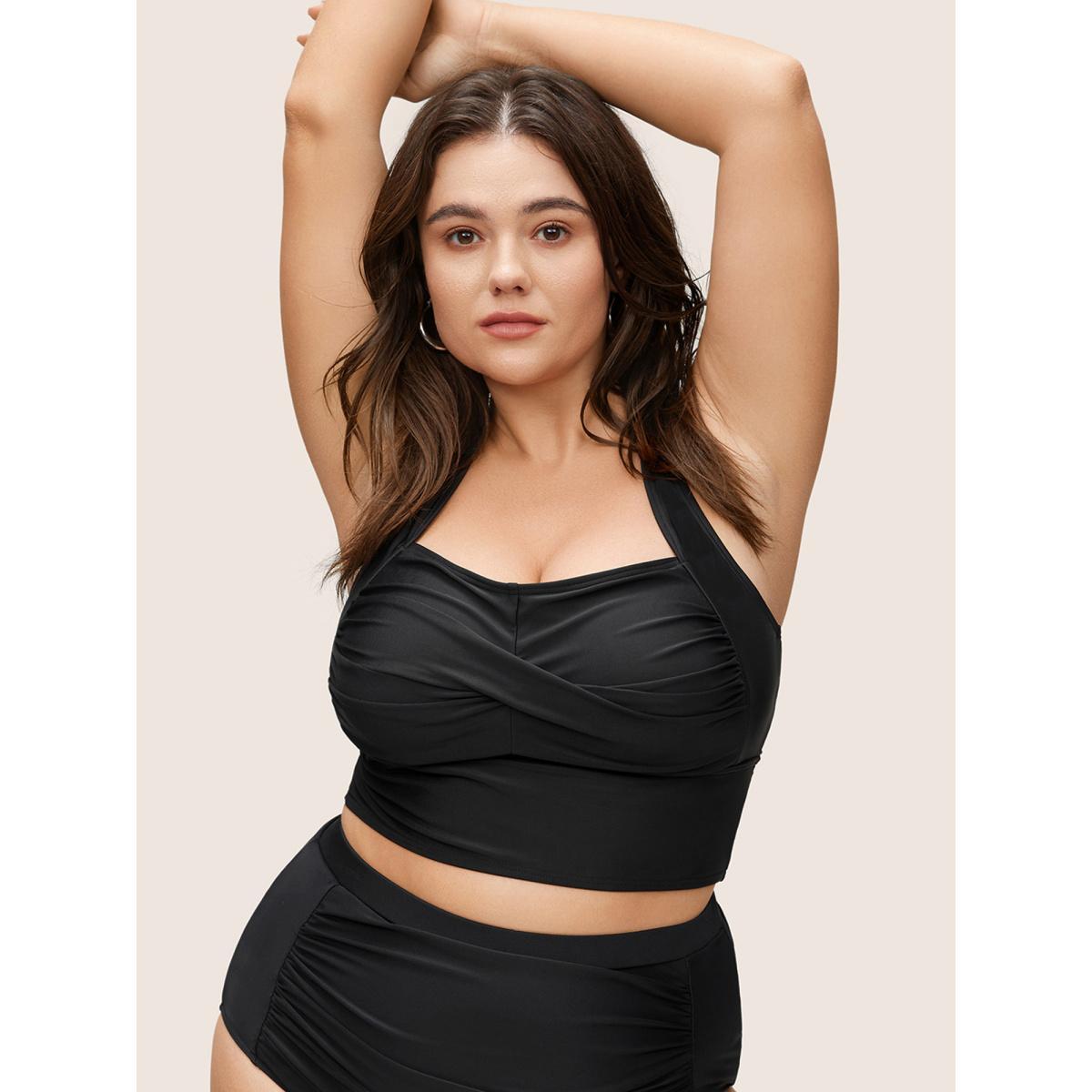Plus Size Solid Crossover Square Neck Adjustable Straps Swim Top Women's Swimwear Black Beach Twist High stretch Skinny Square Neck Curve Swim Tops BloomChic 22-24/3X Product Image