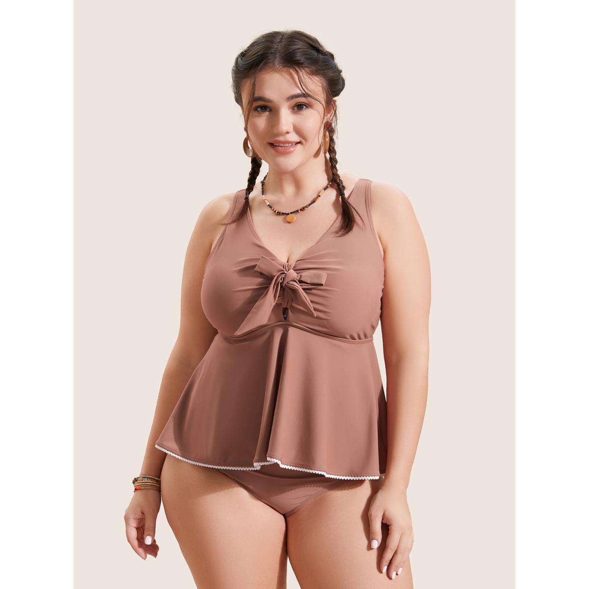 Plus Size Lace Trim Bowknot Front Ruched One Piece Swimsuit Women's Swimwear Rouge Beach Gathered Curve Bathing Suits High stretch One Pieces BloomChic 14-16/1X Product Image