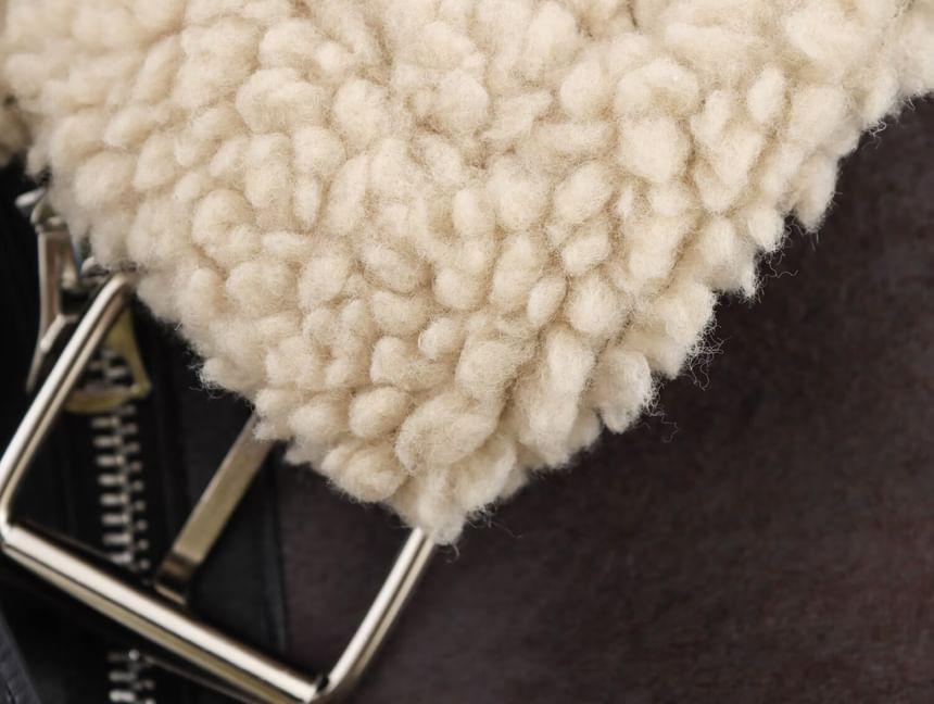 Collared Faux Shearling Zip Belted Jacket Product Image
