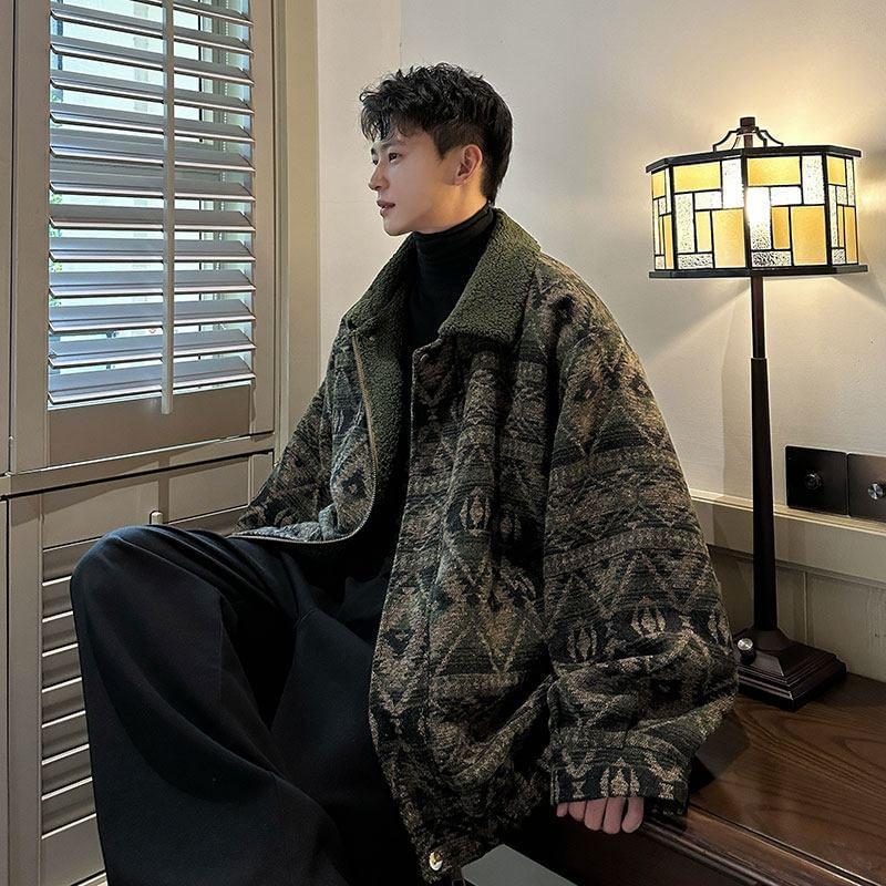 Long Sleeve Stand Collar Geometric Print Zip Up Coat Product Image