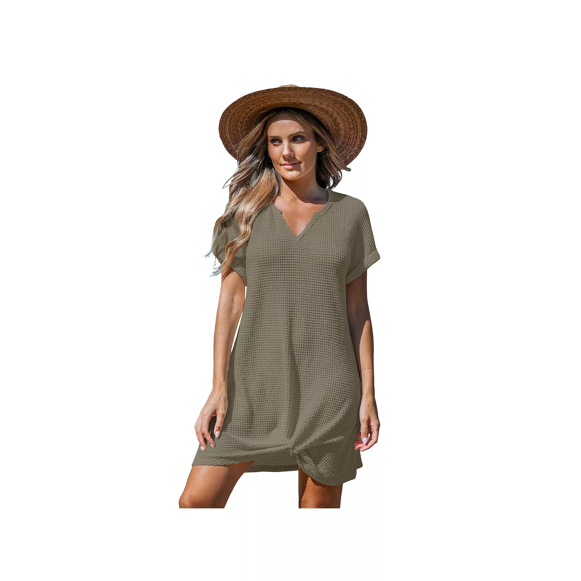 Women's Cupshe Waffle-Knit Short Sleeve Cover-Up Mini Dress, Size: Medium, Green Product Image