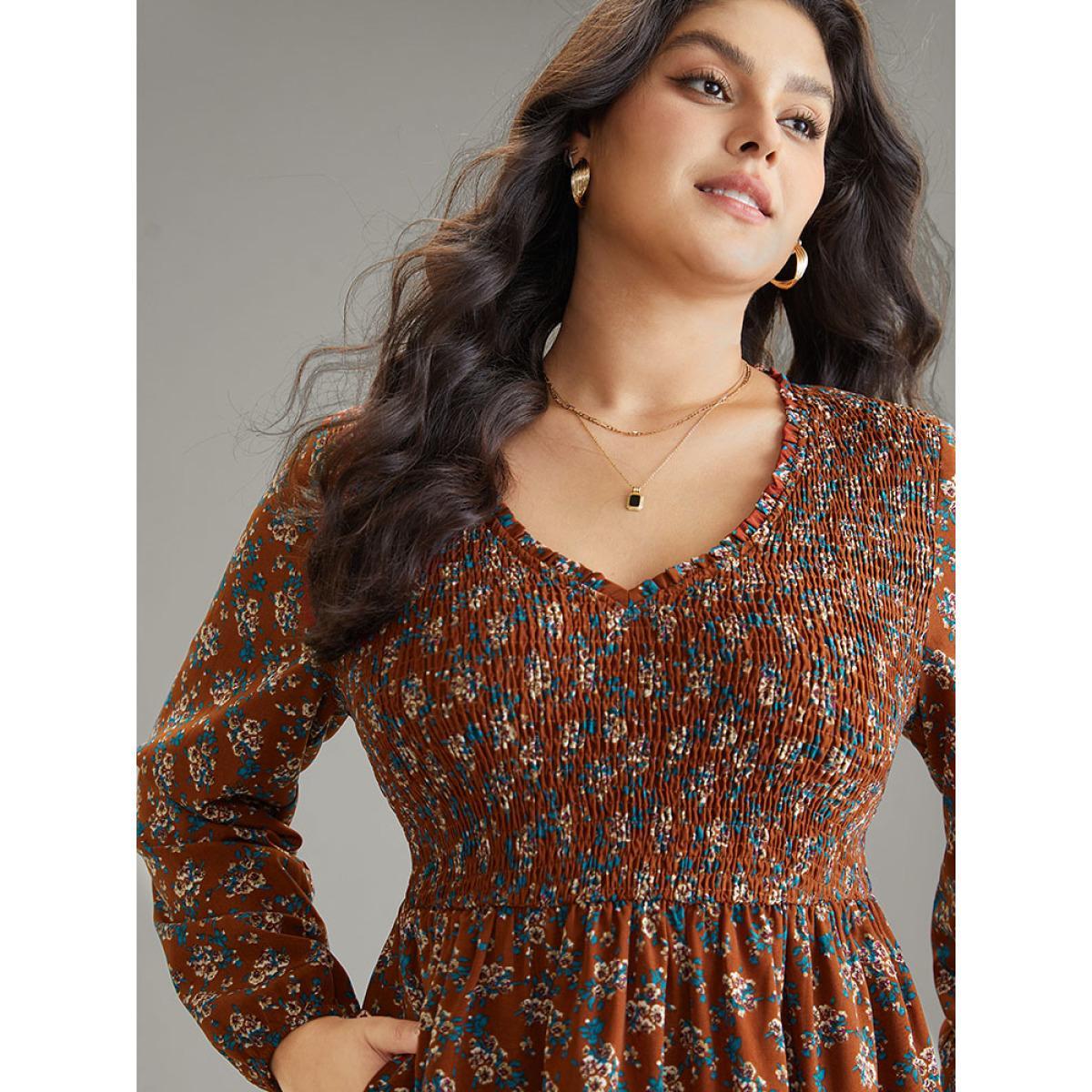 Plus Size Ditsy Floral Shirred Flutter Layered Hem Dress Rust Women Elegant Elastic cuffs V-neck Long Sleeve Curvy Midi Dress BloomChic 22-24/3X Product Image