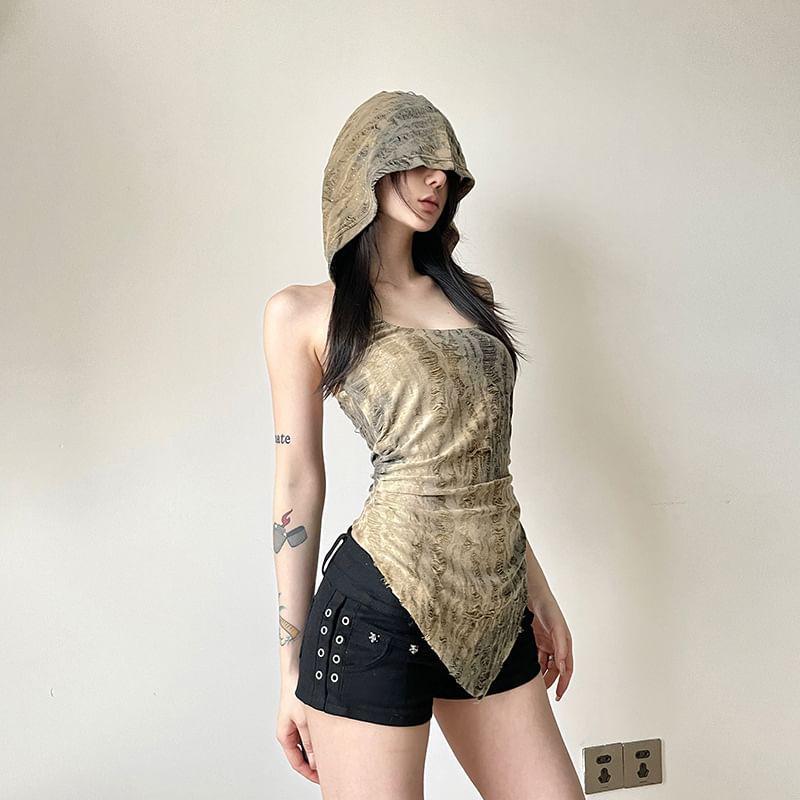 Sleeveless Square-Neck Distressed Slim-Fit Hooded Top Product Image