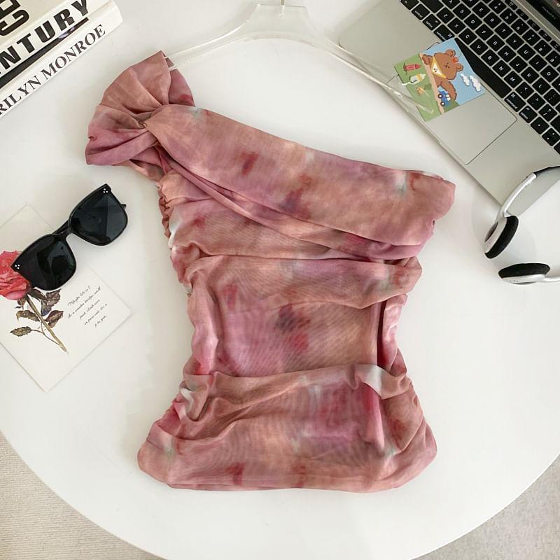 Sleeveless One Shoulder Tie Dye Ruched Tie Front Crop Top Product Image