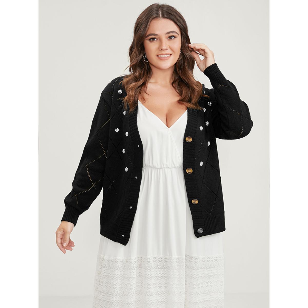 Plus Size Solid Pointelle Knit Pearl Beaded Crochet Button Front Cardigan Black Women Elegant Loose Long Sleeve Dailywear Cardigans BloomChic 28/5X Product Image