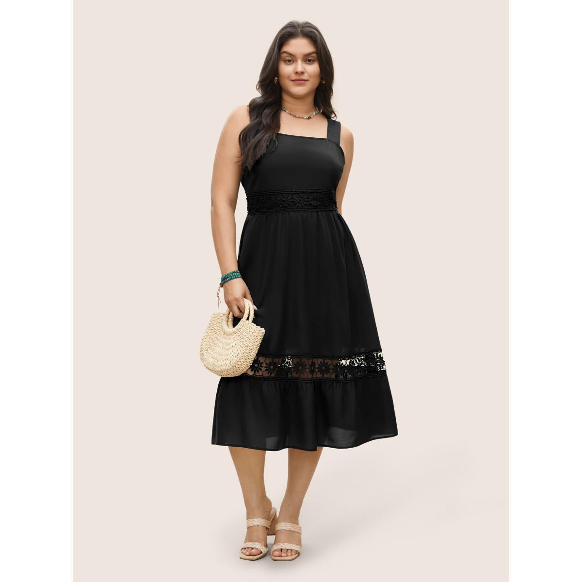 Plus Size Plain Elastic Waist Cut Out Lace Patchwork Dress Black Women Resort Non Non Sleeveless Curvy Midi Dress BloomChic 22-24/3X Product Image