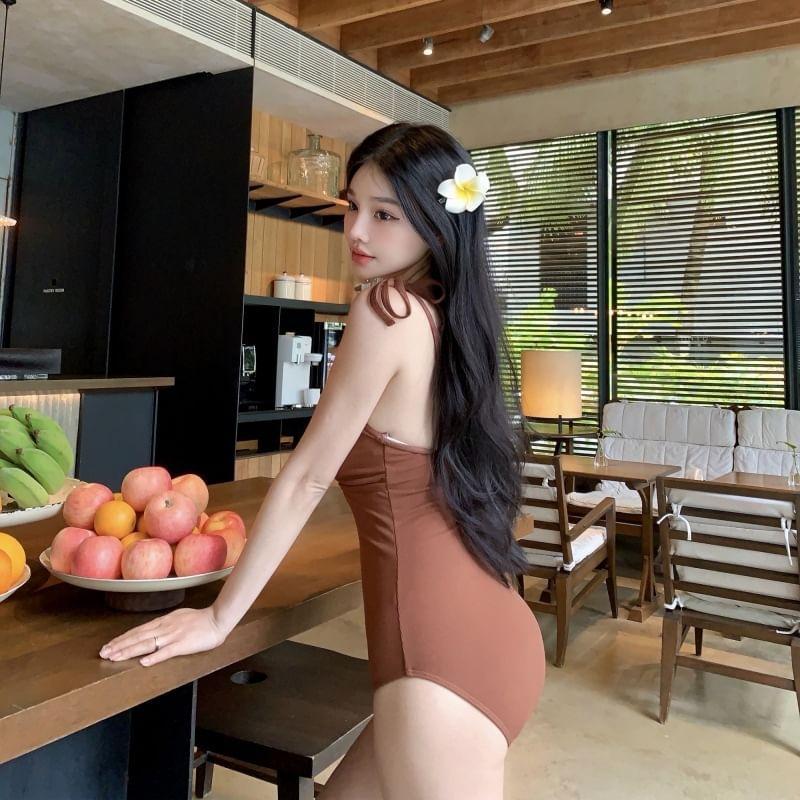 Spaghetti Strap Plain Cutout Swimsuit Product Image