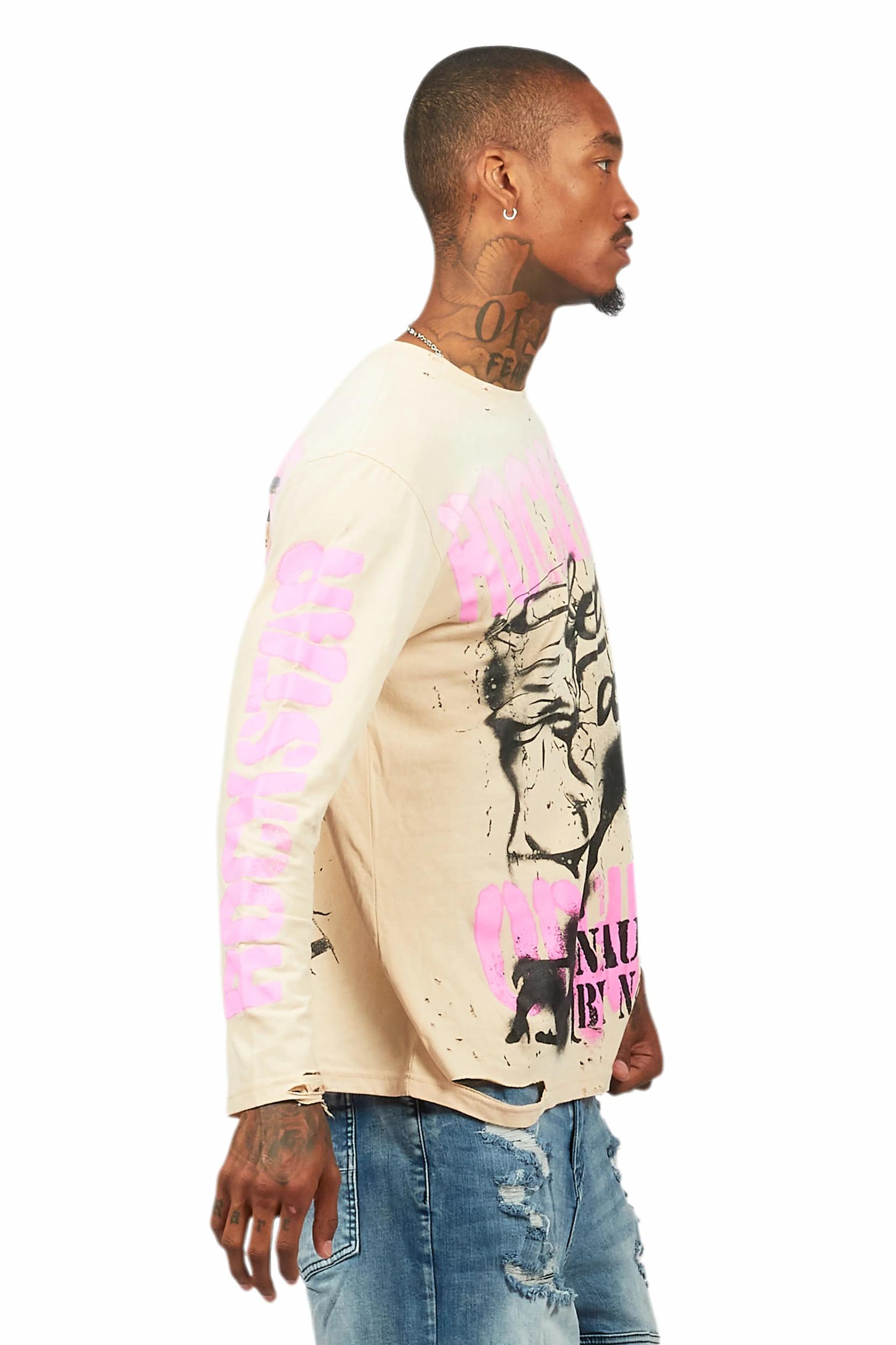 Strip Army Vintage Sand Long Sleeve Graphic T-Shirt Male Product Image
