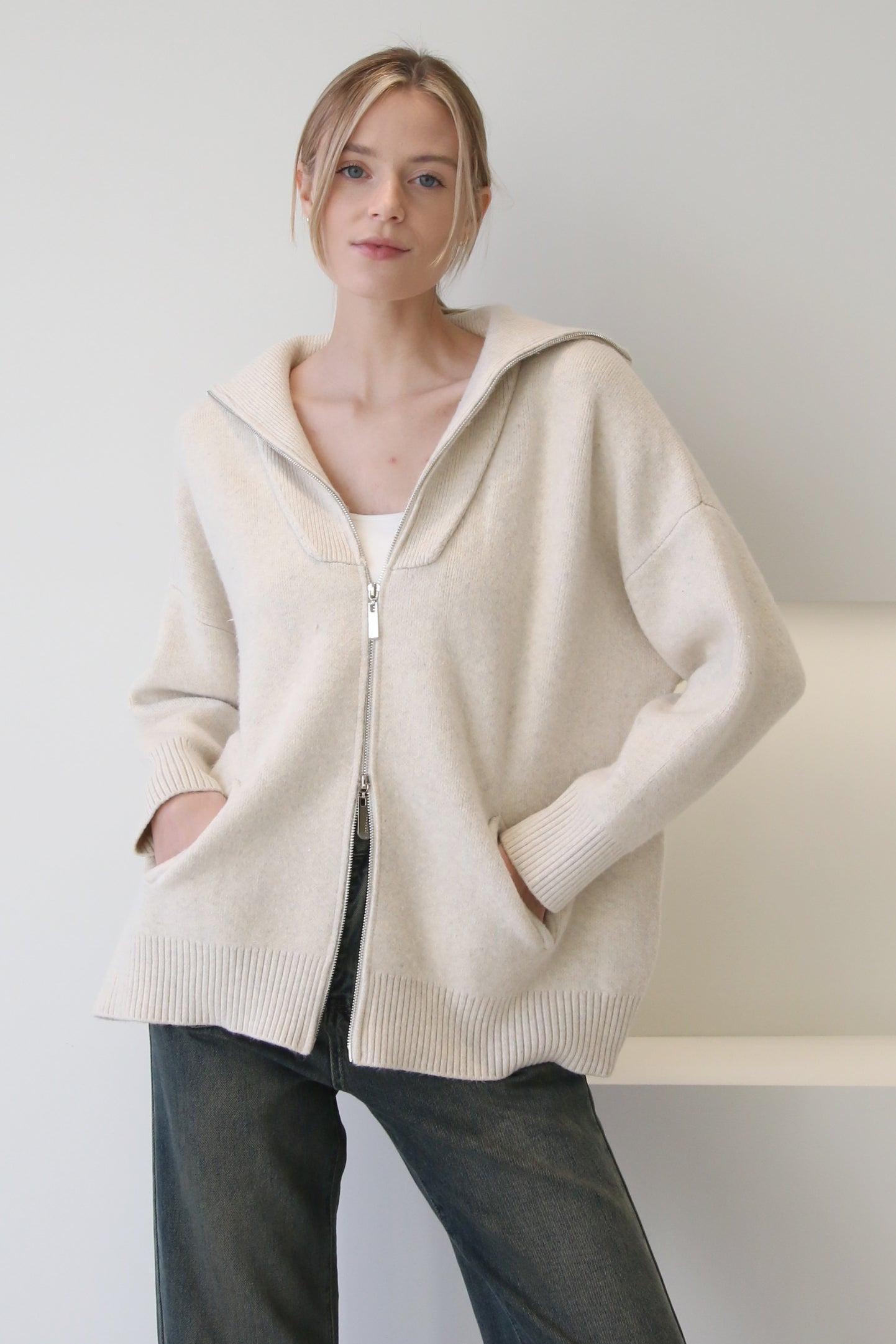 Dual Zip Large Collar Sweater Cream Product Image