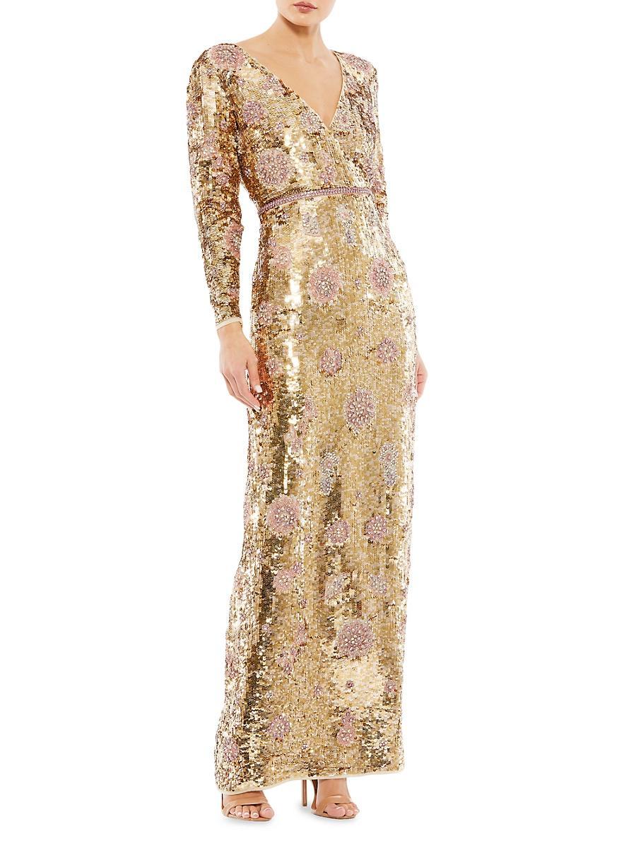Womens Embellished Wrap-Over Long-Sleeve Column Gown Product Image