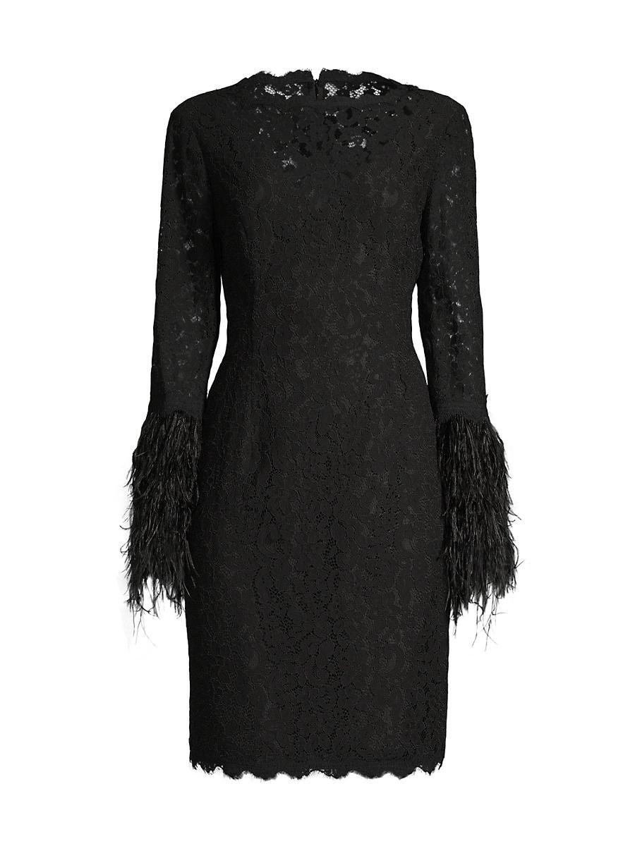 Womens Feather-Trim Lace Sheath Dress Product Image