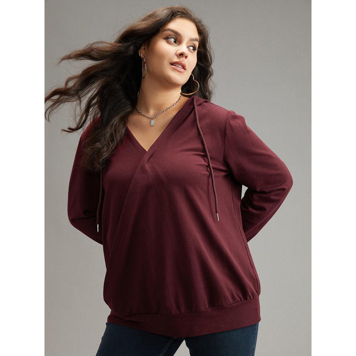 Plus Size Cotton Hooded Drawstring Sweatshirt Women Burgundy Elegant Wrap Hooded Dailywear Sweatshirts BloomChic 18-20/2X Product Image