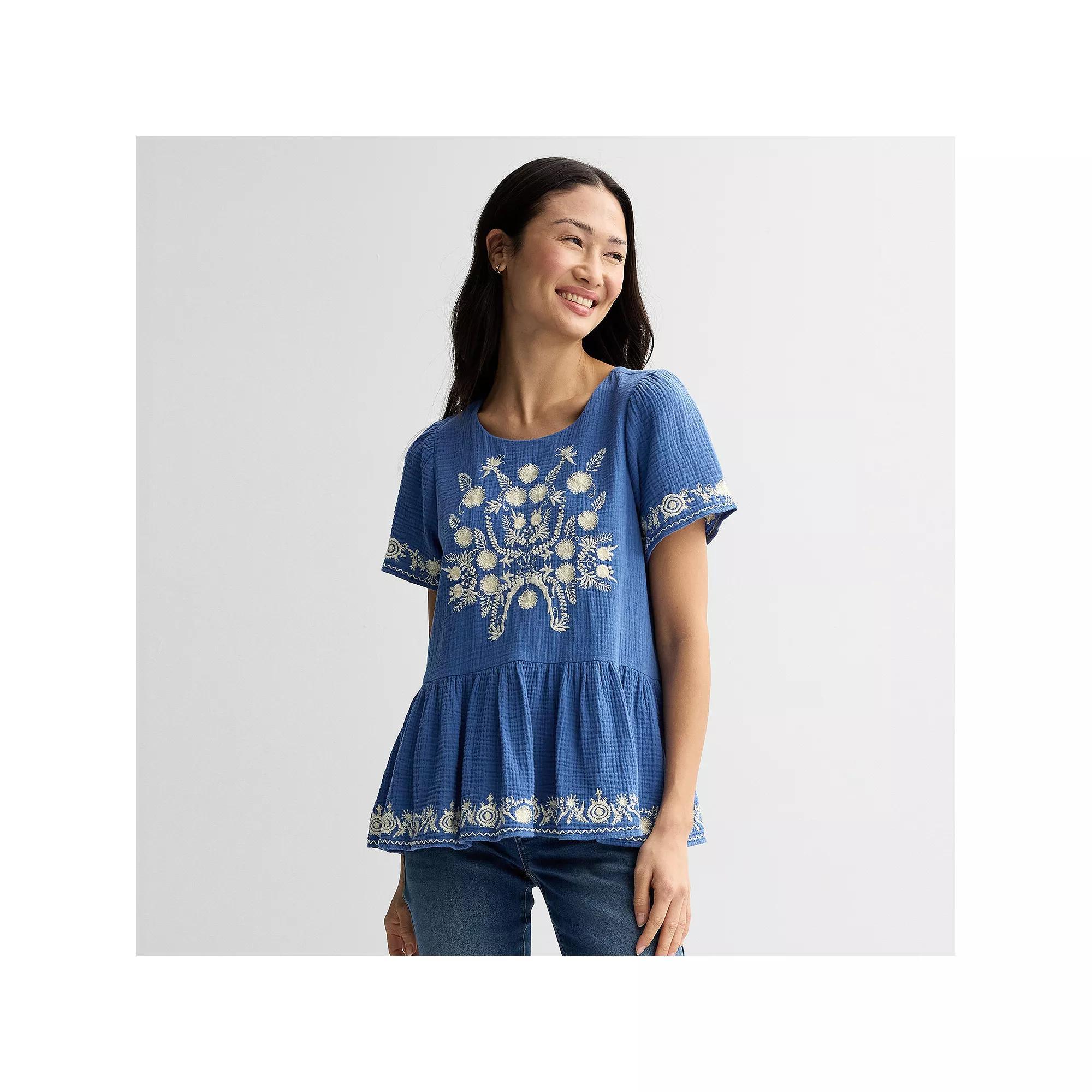 Women's Farmers Market Long Sleeve Embroidered Top, Size: Medium, Blue Ivory Product Image