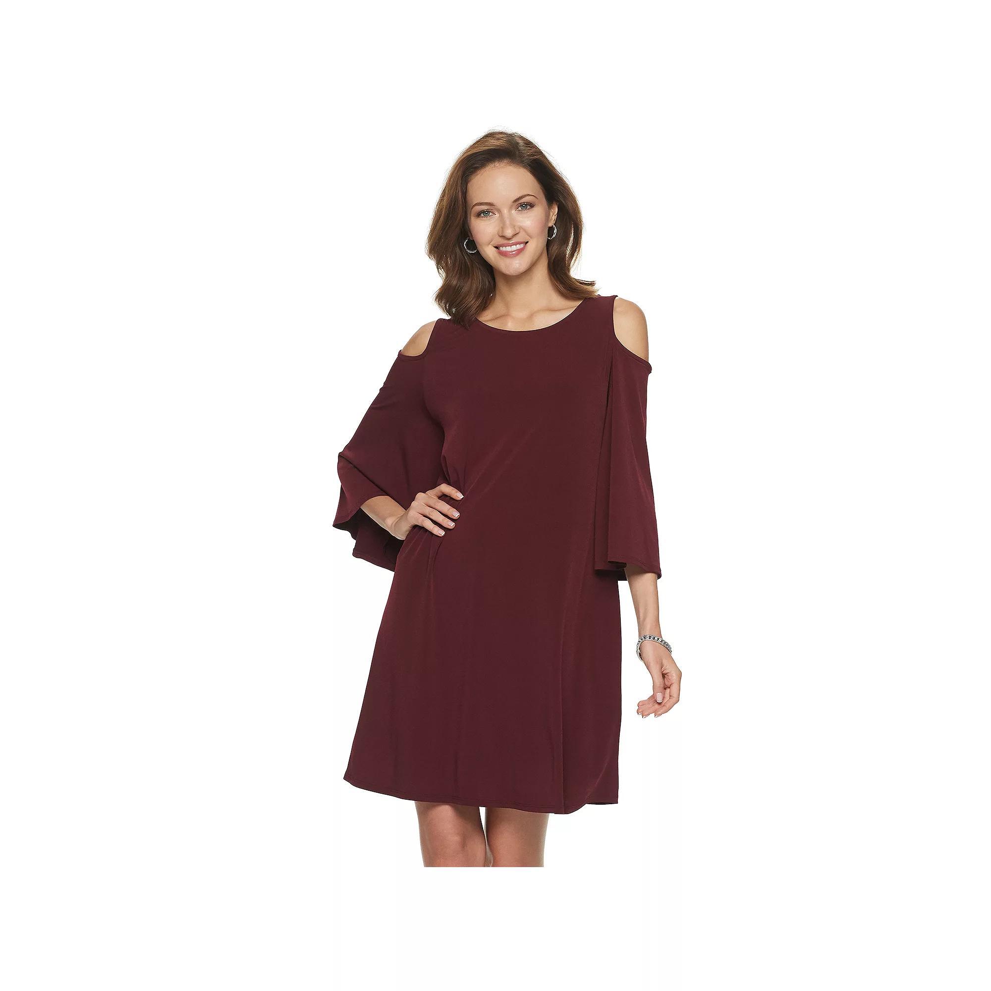 Women's Nina Leonard Draped Sleeve Cold-Shoulder Dress, Size: Small, Deep Red Product Image