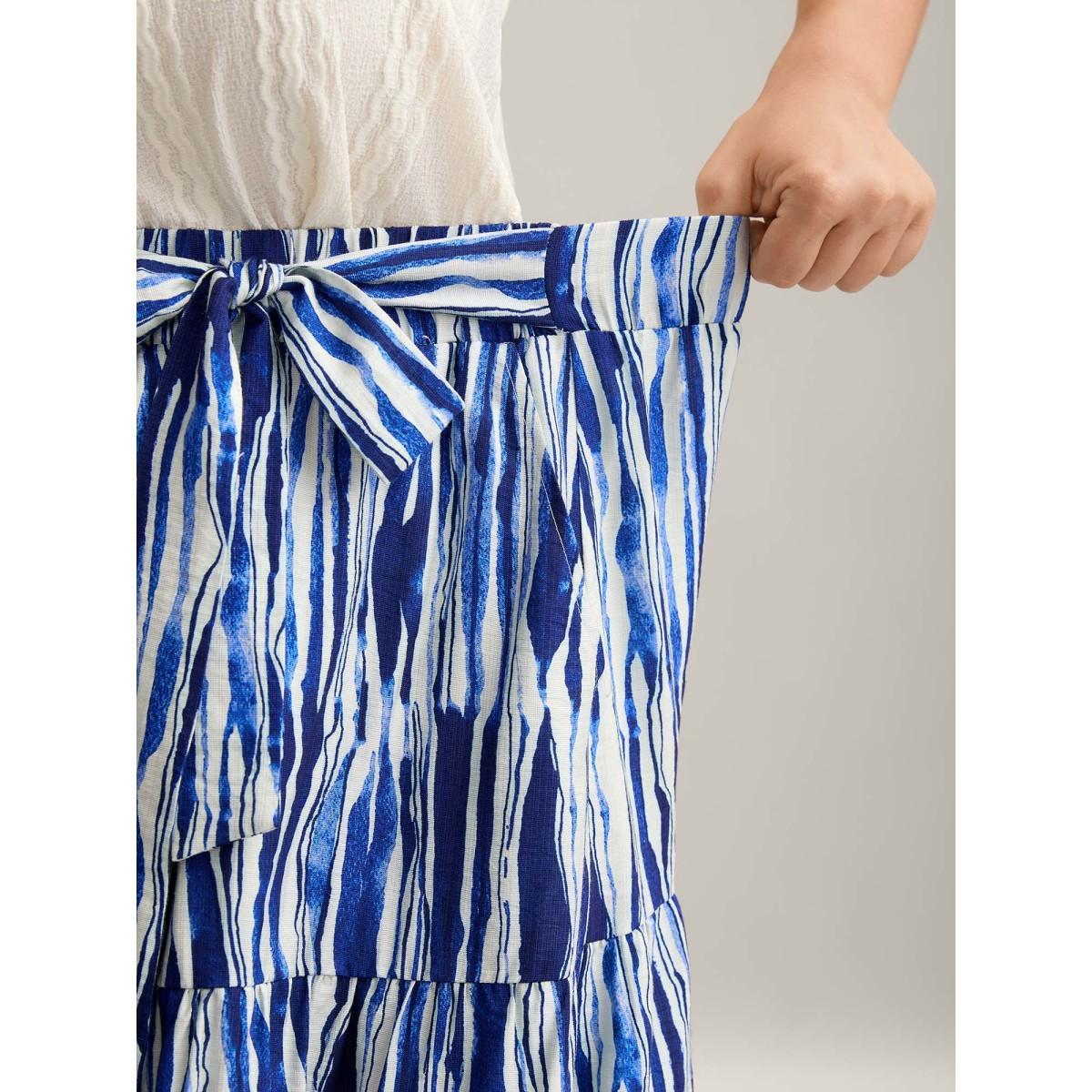 Plus Size Nautical Stripes Belted Tiered Maxi Skirt Women Navy Loose No stretch Side seam pocket Belt Vacation Skirts BloomChic 26/4X Product Image