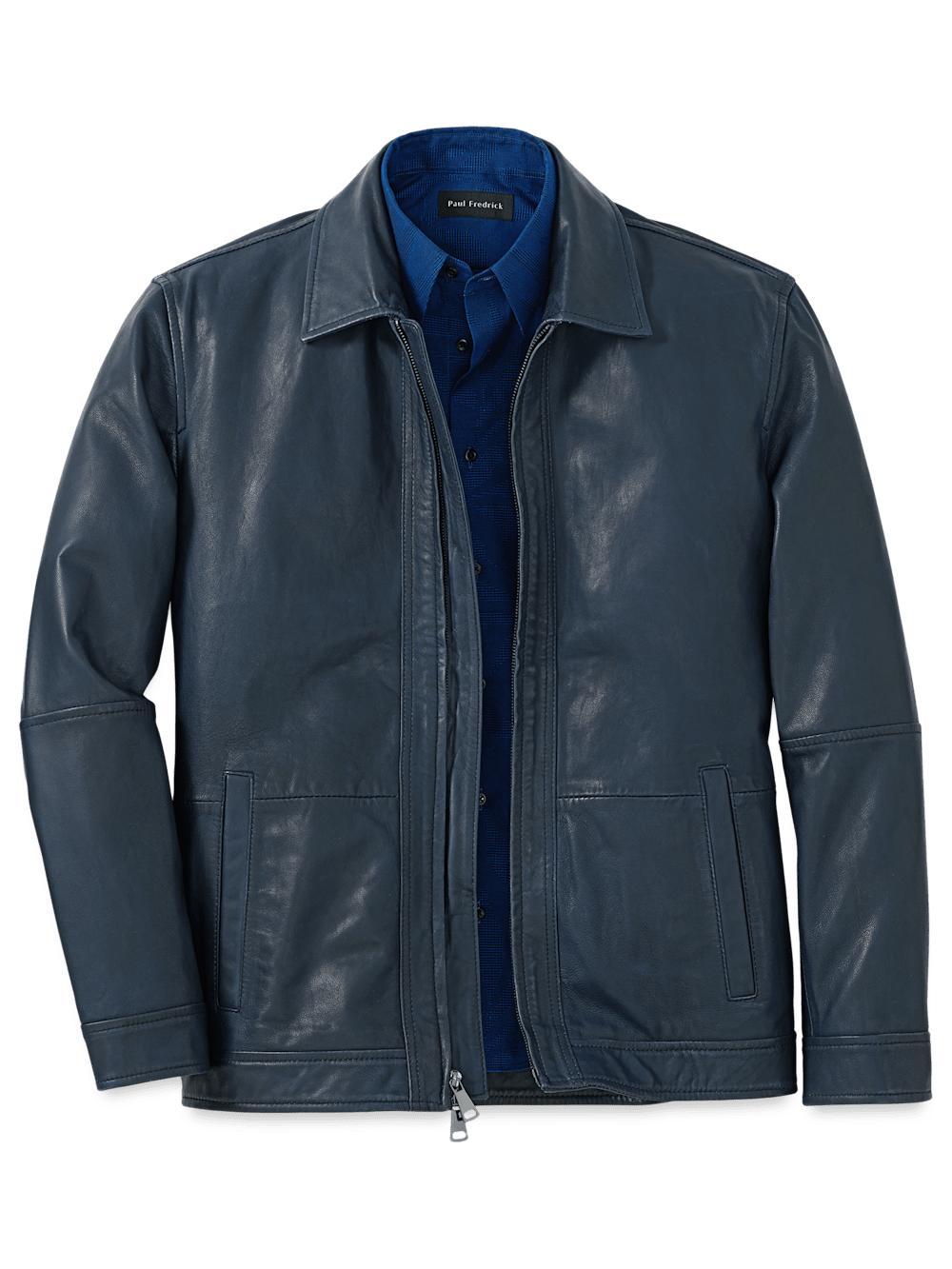 Leather Bomber Jacket - Navy Product Image