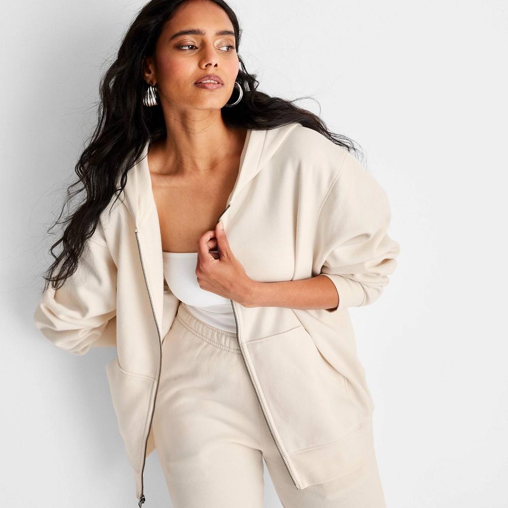 Women's Leisure Studio Zip-Up Hoodie Sweatshirt - Universal Thread™ Cream S Product Image