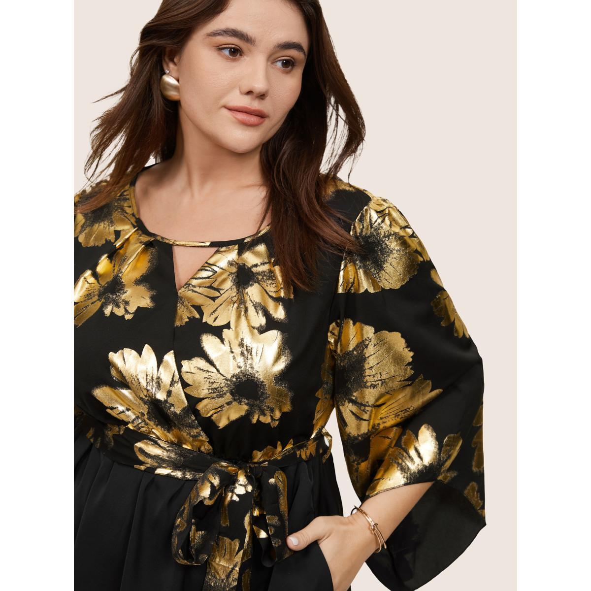 Plus Size Floral Glitter Belted Keyhole Flutter Sleeve Dress Black Women Glamour Gathered Keyhole Cut-Out Elbow-length sleeve Curvy Midi Dress BloomChic 22-24/3X Product Image