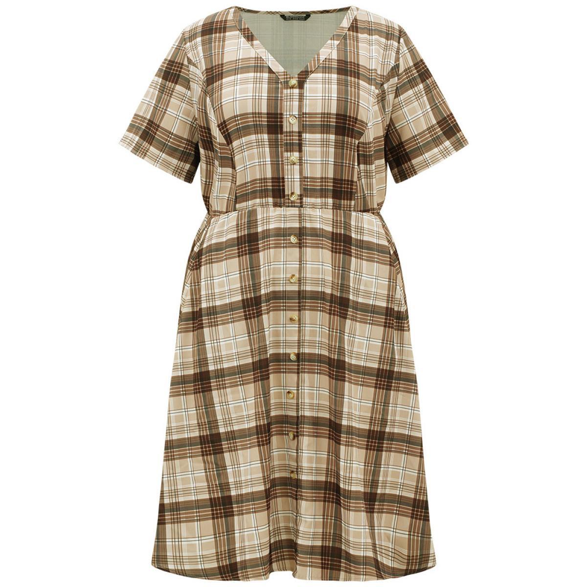 Plus Size Plaid Pocket V Neck Button Detail Dress Tan Women Casual Button V-neck Short sleeve Curvy Midi Dress BloomChic 26/4X Product Image