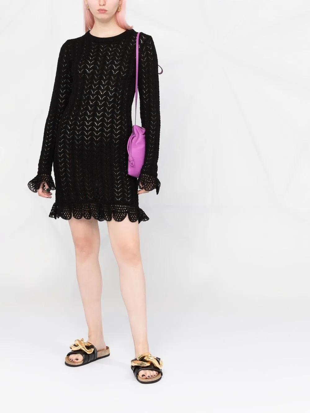 JW ANDERSON Frill Detail Long Sleeve Crochet Effect Dress In Nero Product Image