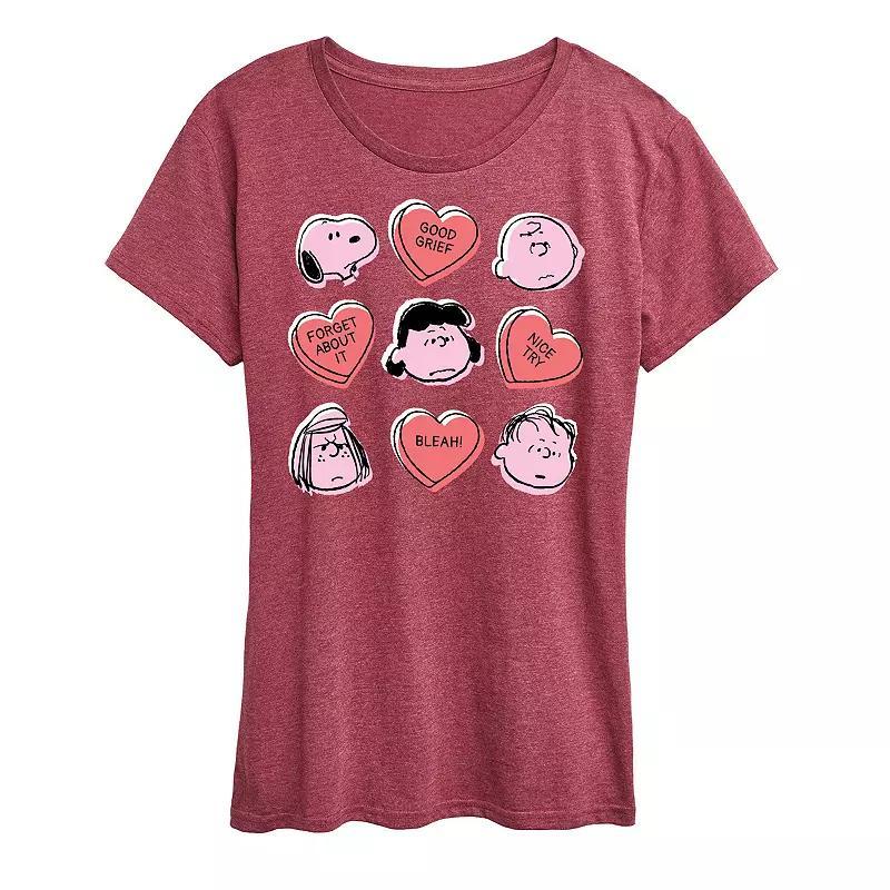 Women's Peanuts Valentine's Candy Heart Grid Graphic Tee, Size: Medium, Grey Wine Product Image