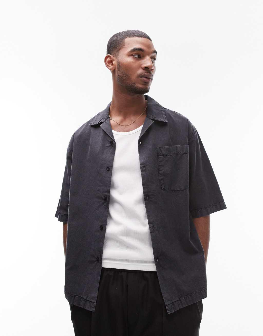 Topman short sleeve relaxed washed shirt in black Product Image