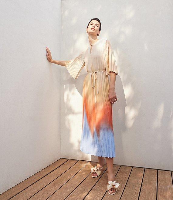 MISOOK Crepe De Chine Ombre Pleated Keyhole Neck Elbow Flutter Sleeve Dress Product Image