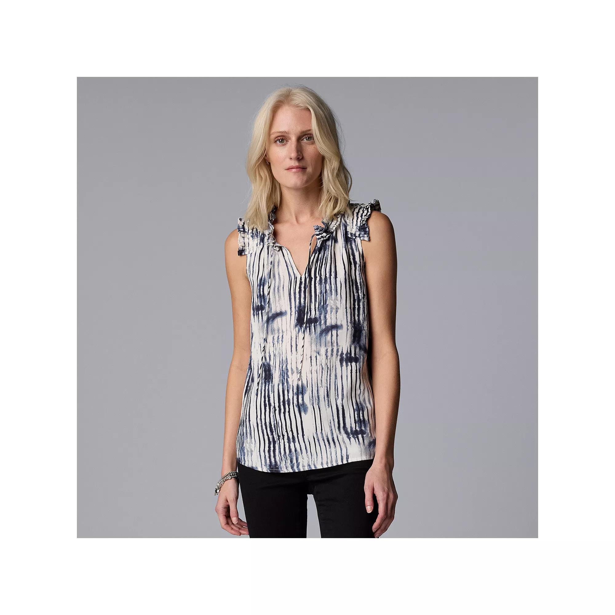 Women's Simply Vera Vera Wang Pleated Neck Top, Size: Medium, Blue Vertical Dye Product Image