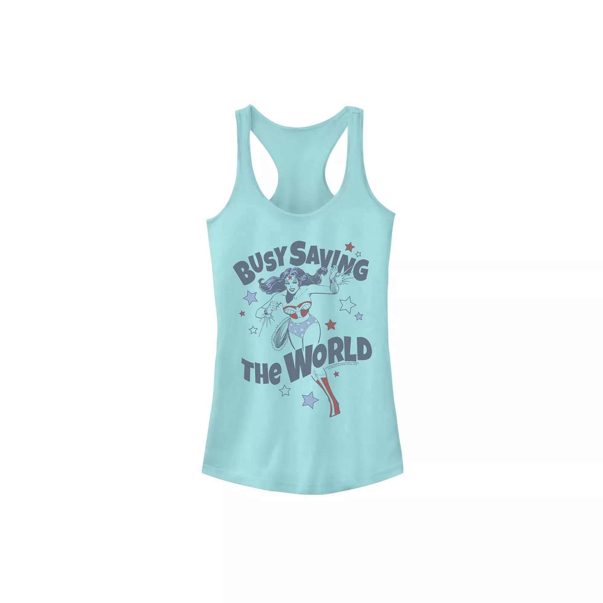 Juniors' DC Comics Wonder Woman "Busy Saving The World" Tank Top, Girl's, Size: Medium, Cancun Product Image