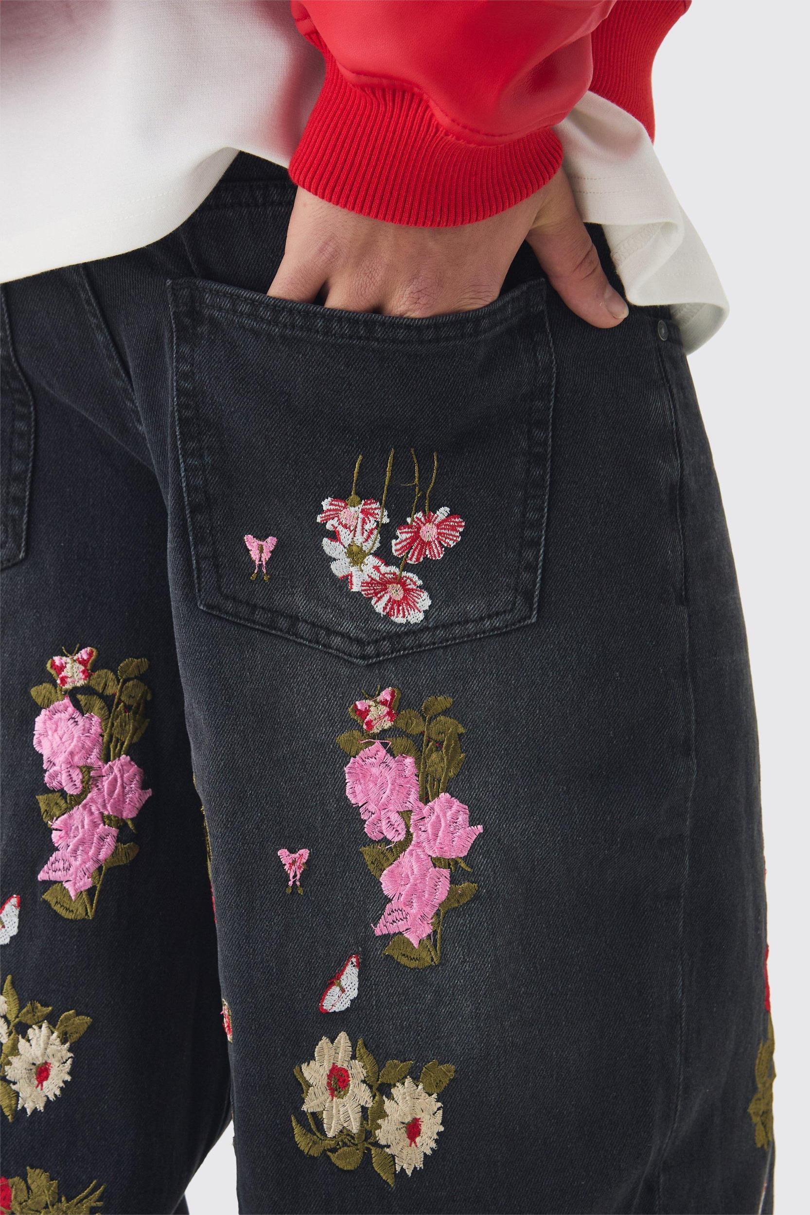 Baggy Fit Rigid Floral Embroidered Jeans | boohooMAN USA Product Image