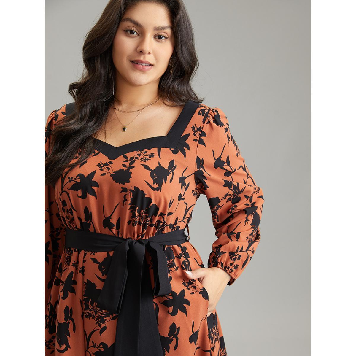 Plus Size Silhouette Floral Print Square Neck Belted Dress Chocolate Women Office Elastic cuffs Square Neck Long Sleeve Curvy Midi Dress BloomChic 26/4X Product Image