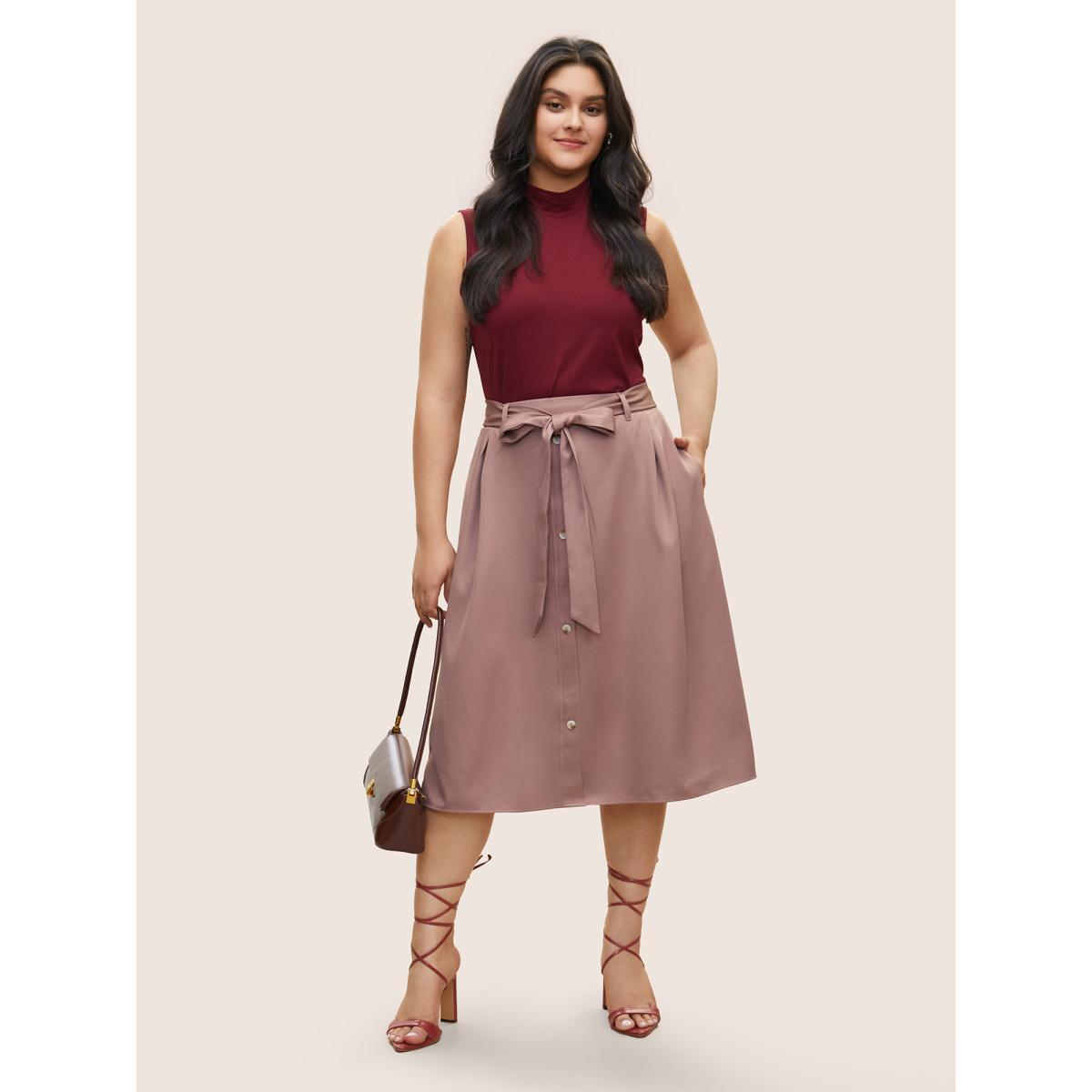 Plus Size Plain Elastic Waist Pocket Belted Cropped Skirt Women Mauve Workwear Essentials Non No stretch Slanted pocket Belt Work Skirts BloomChic 22-24/3X Product Image