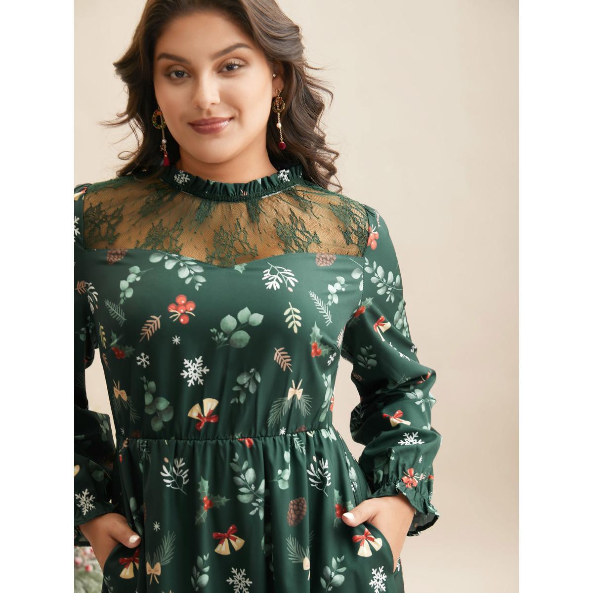 Plus Size Lace Trim Sheer Neckline Midi Dress Truegreen Women Elegant Woven ribbon&lace trim Mock Neck Long Sleeve Curvy BloomChic 10/M Product Image