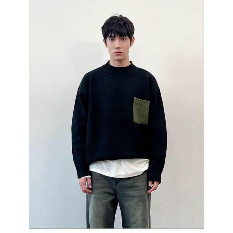 Crew Neck Patchwork Pocket Oversized Sweater Product Image