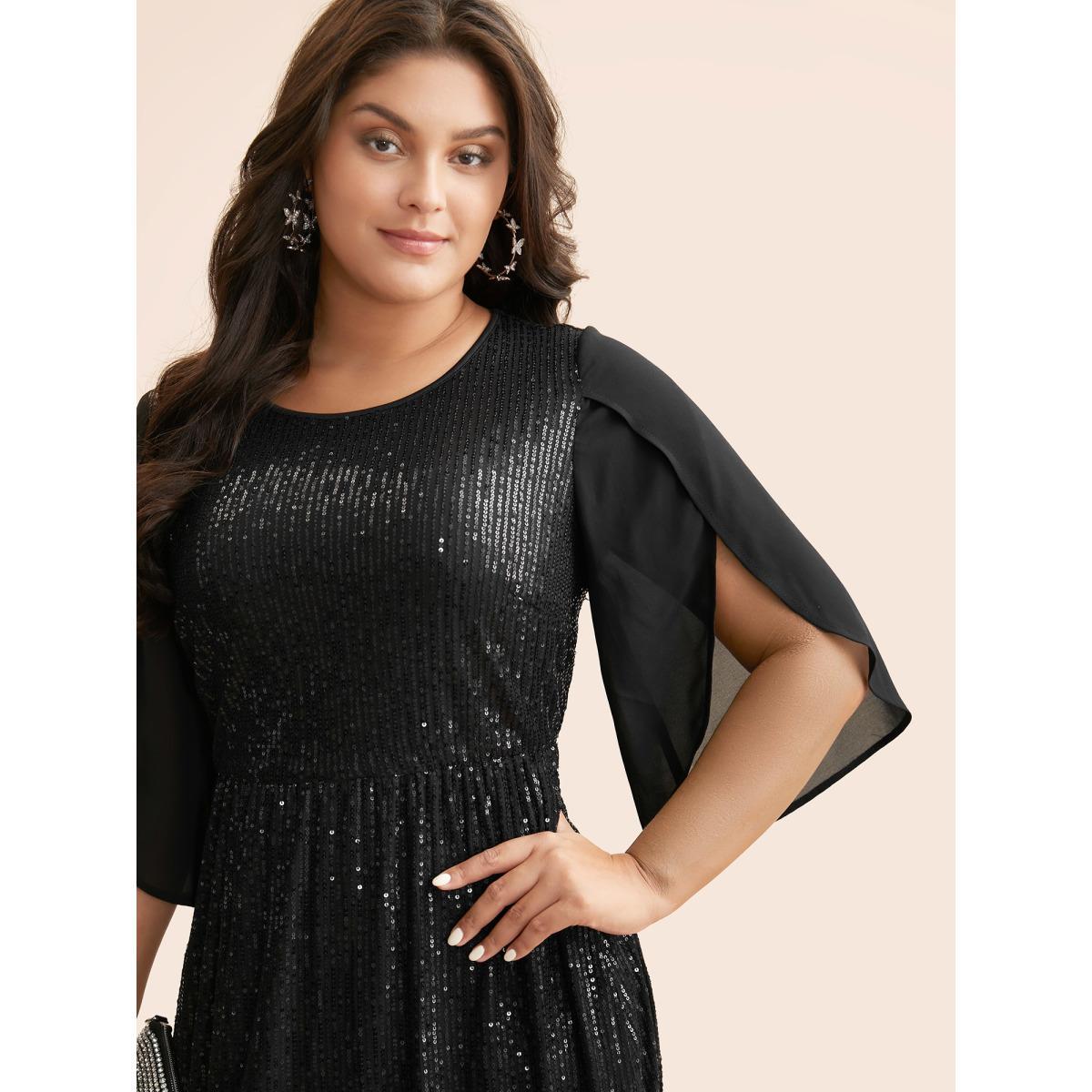 Plus Size Sequin Mesh Patchwork Petal Sleeve Dress Deeppurplered Women Cocktail Overlapping Party Curvy Bloomchic 26/4X Product Image