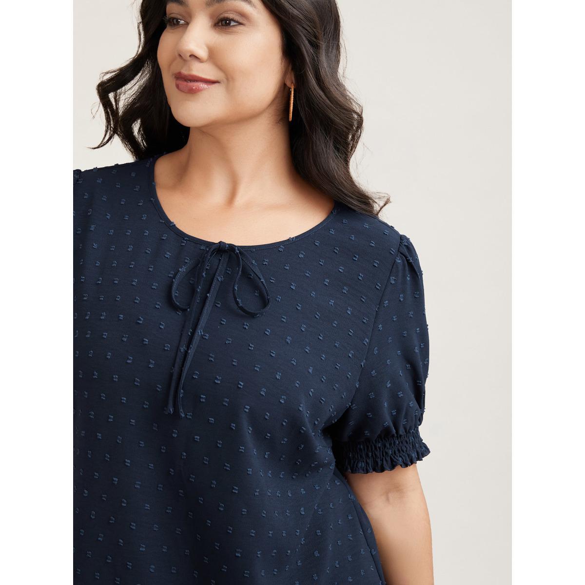 Plus Size Indigo Shirred Puff Sleeve Neck-Tie Shirt Women Resort Short sleeve Round Neck Vacation Blouses BloomChic 26/4X Product Image