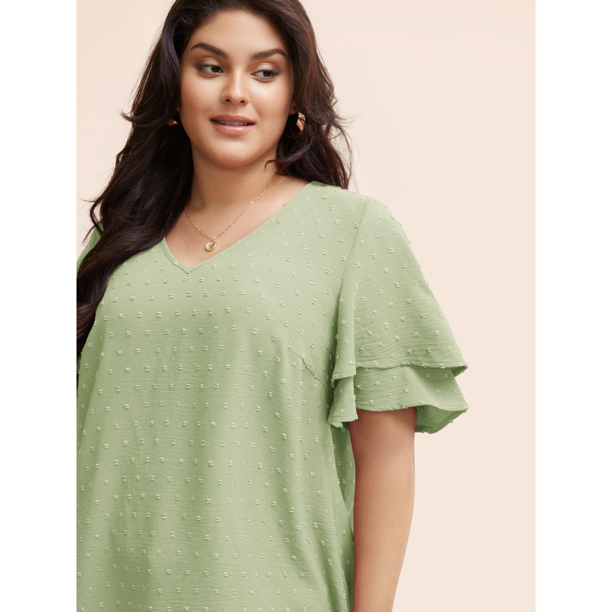 Plus Size Mint Plain Ruffle Tiered Sleeve V Neck Polka Dot Blouse Women Elegant Short sleeve V-neck Everyday Blouses BloomChic 30/6X Product Image