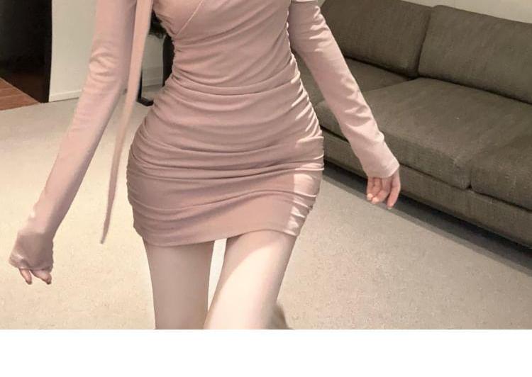 Long-Sleeve V-Neck Plain Ruched Mini Sheath Dress Product Image