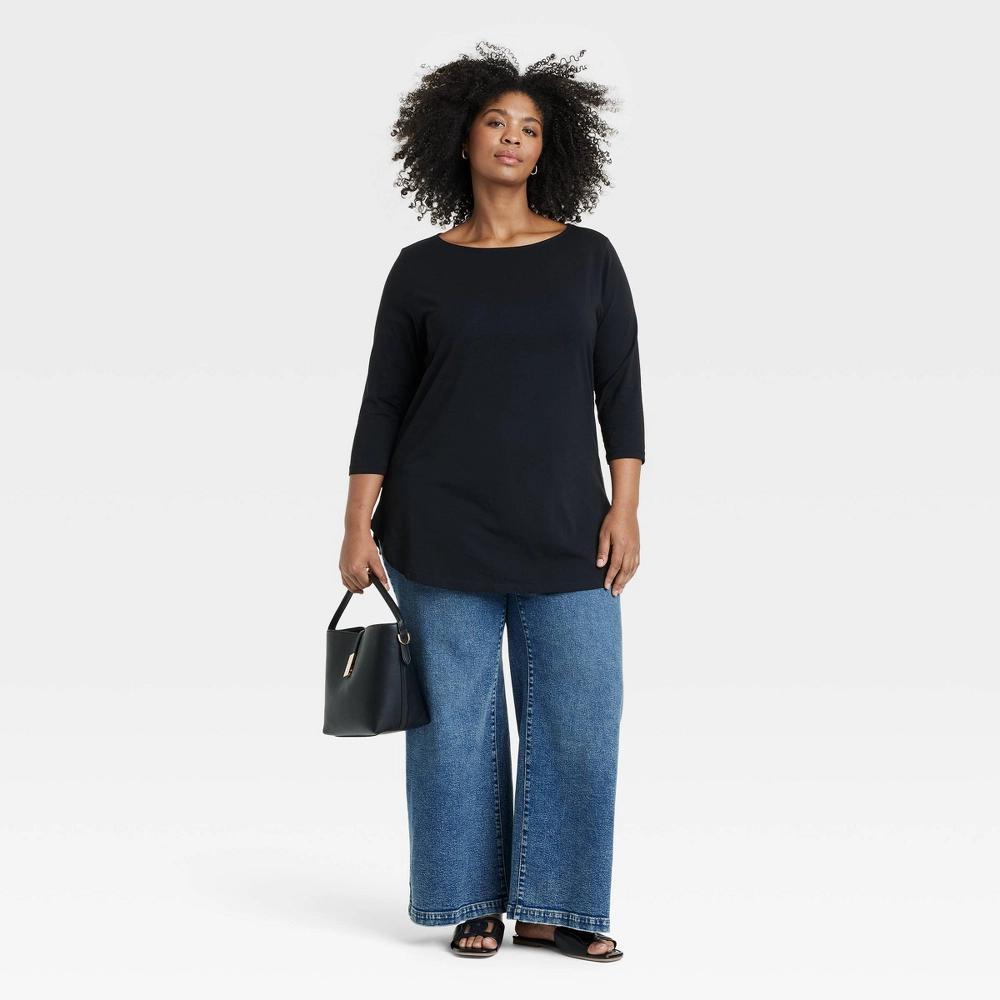 Womens Slim Fit 3/4 Sleeve Boat Neck T-Shirt - Ava & Viv Black XXL Product Image
