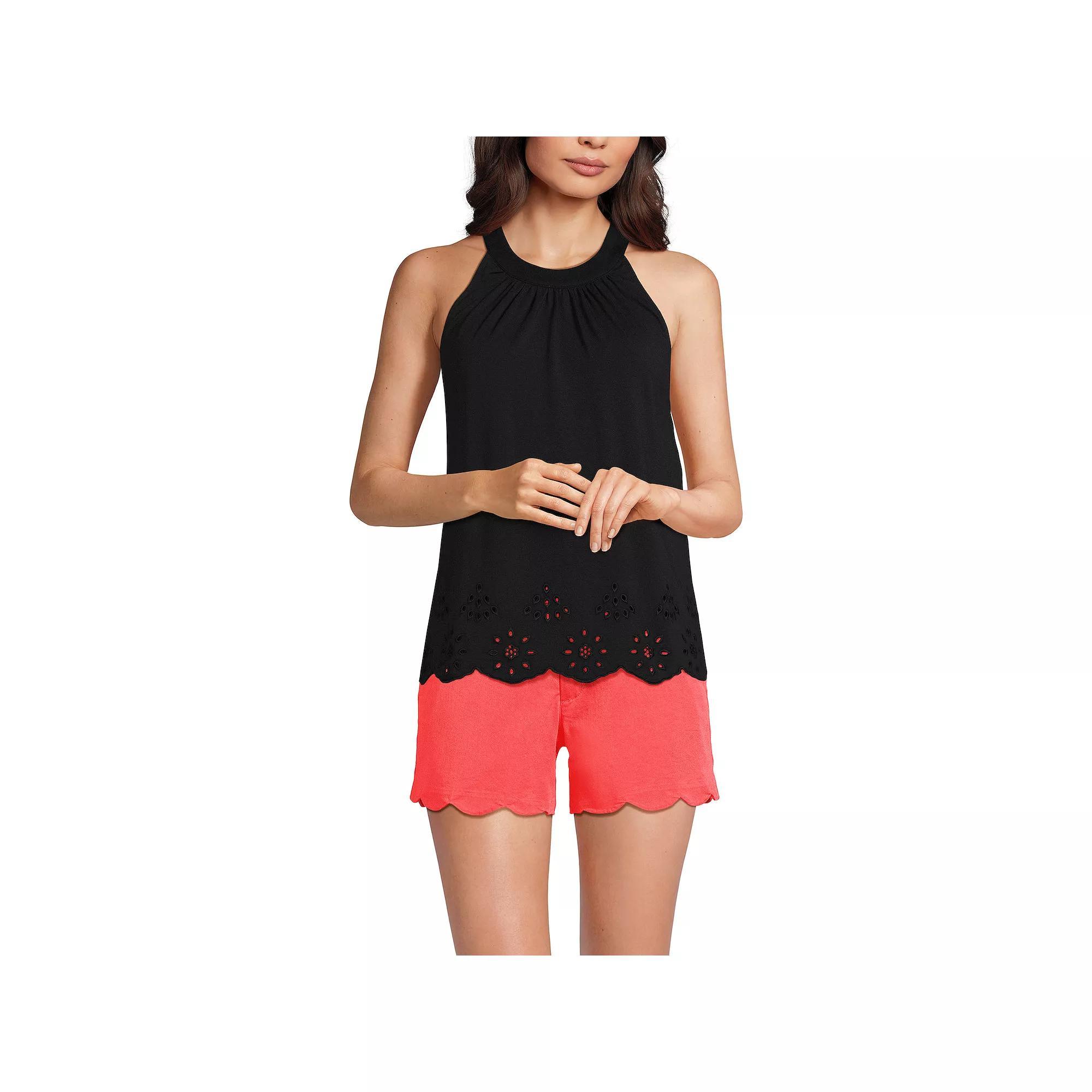 Women's Lands' End Eyelet Trimmed Flowy Pleated High Neck Tank Top, Size: Medium, Black Product Image