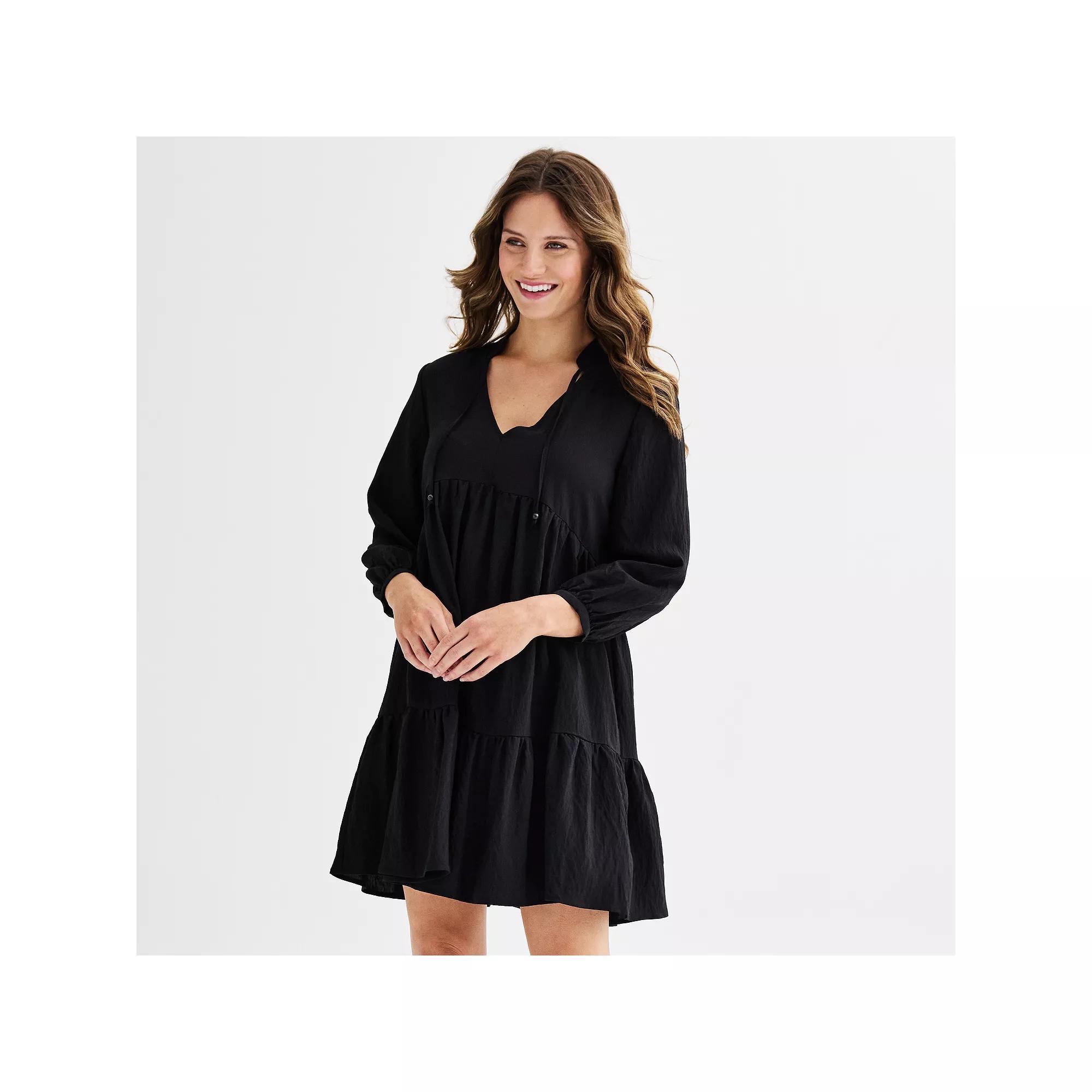 Women's Ellen Tracy V-Neck Long Sleeve Tiered Mini Dress, Size: XS, Black Product Image