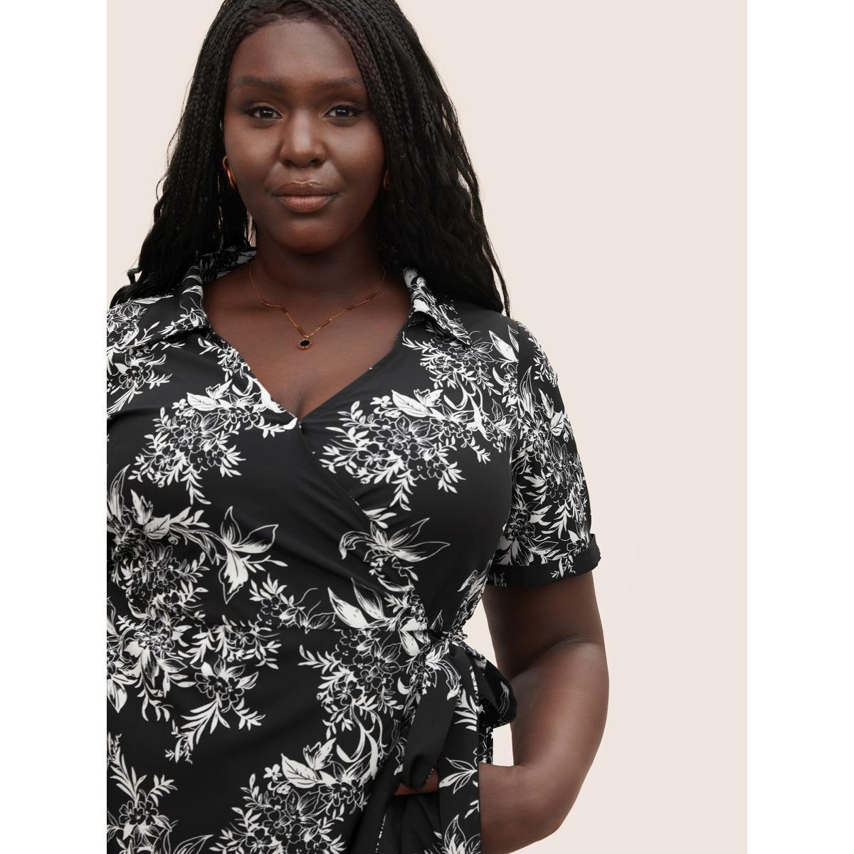 Plus Size Silhouette Floral Print Ties Lapel Collar Dress Black Women At the Office Non Lapel Collar Short sleeve Curvy Midi Dress BloomChic 14-16/1X Product Image