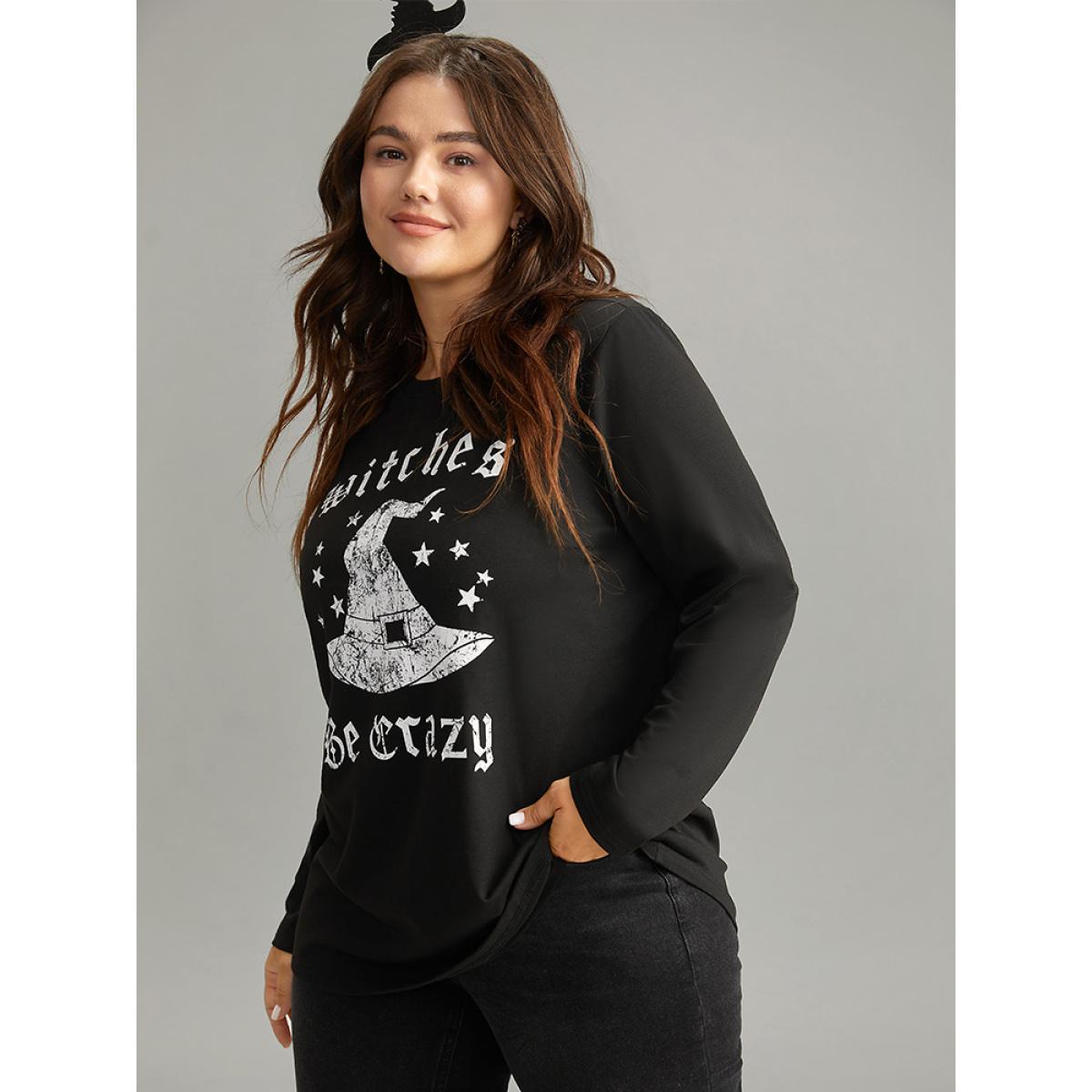 Plus Size Halloween Letter Round Neck T-shirt Black Women Casual Printed Halloween Festival-Halloween T-shirts BloomChic 12/L Product Image