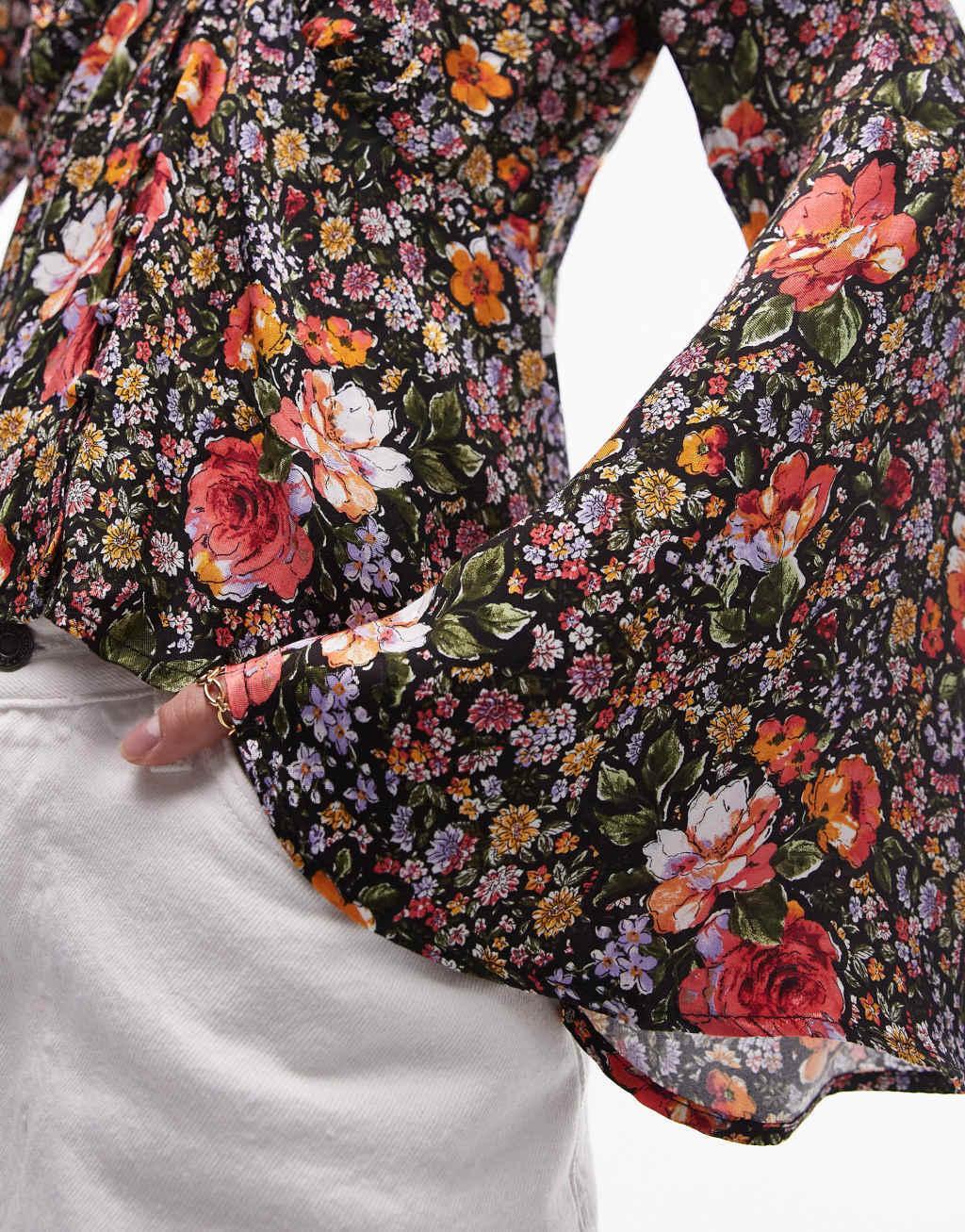 Topshop jacquard button front flute sleeve blouse in floral multi Product Image